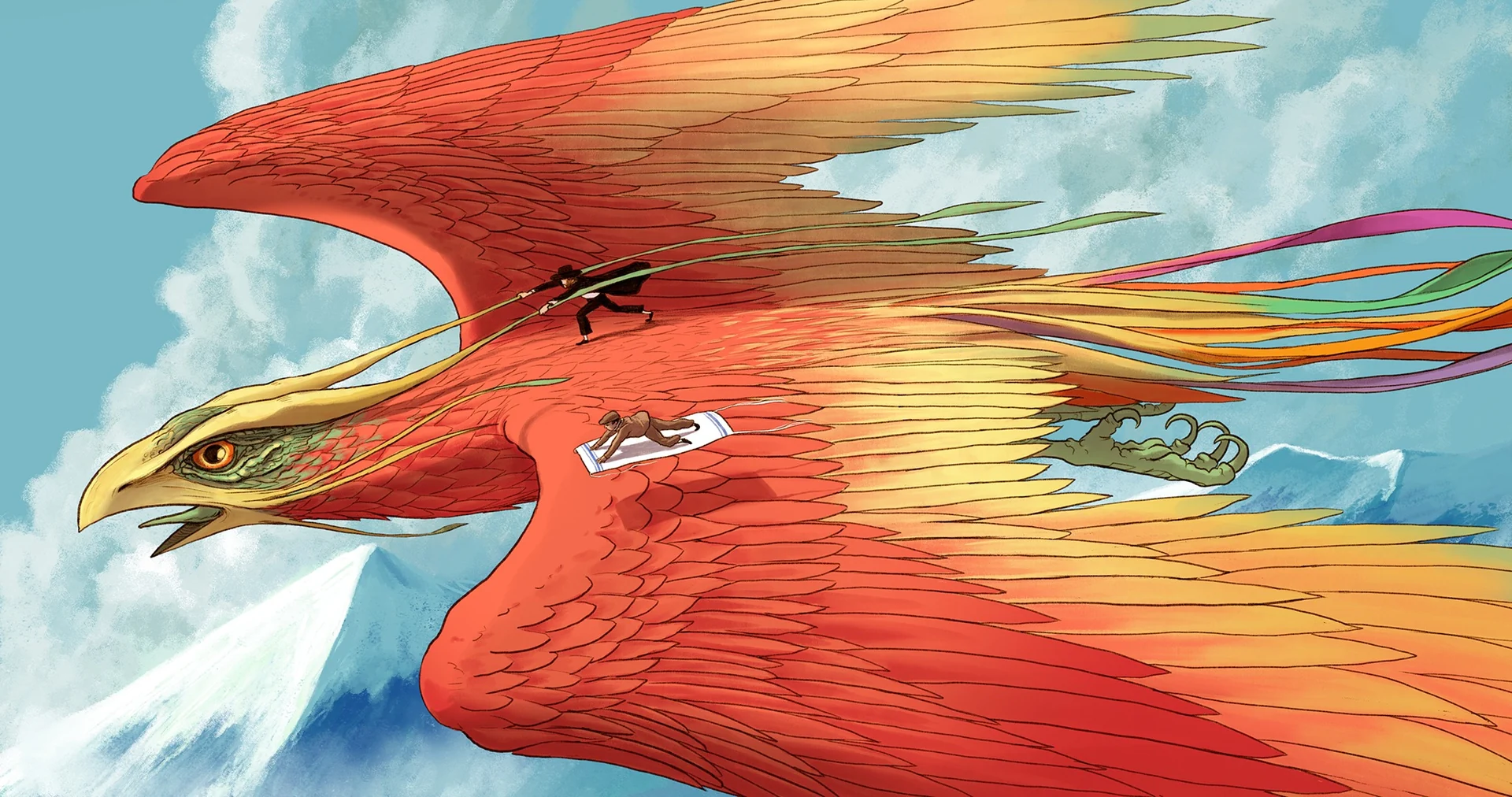 David and Meir flying beside the fiery Chol bird
