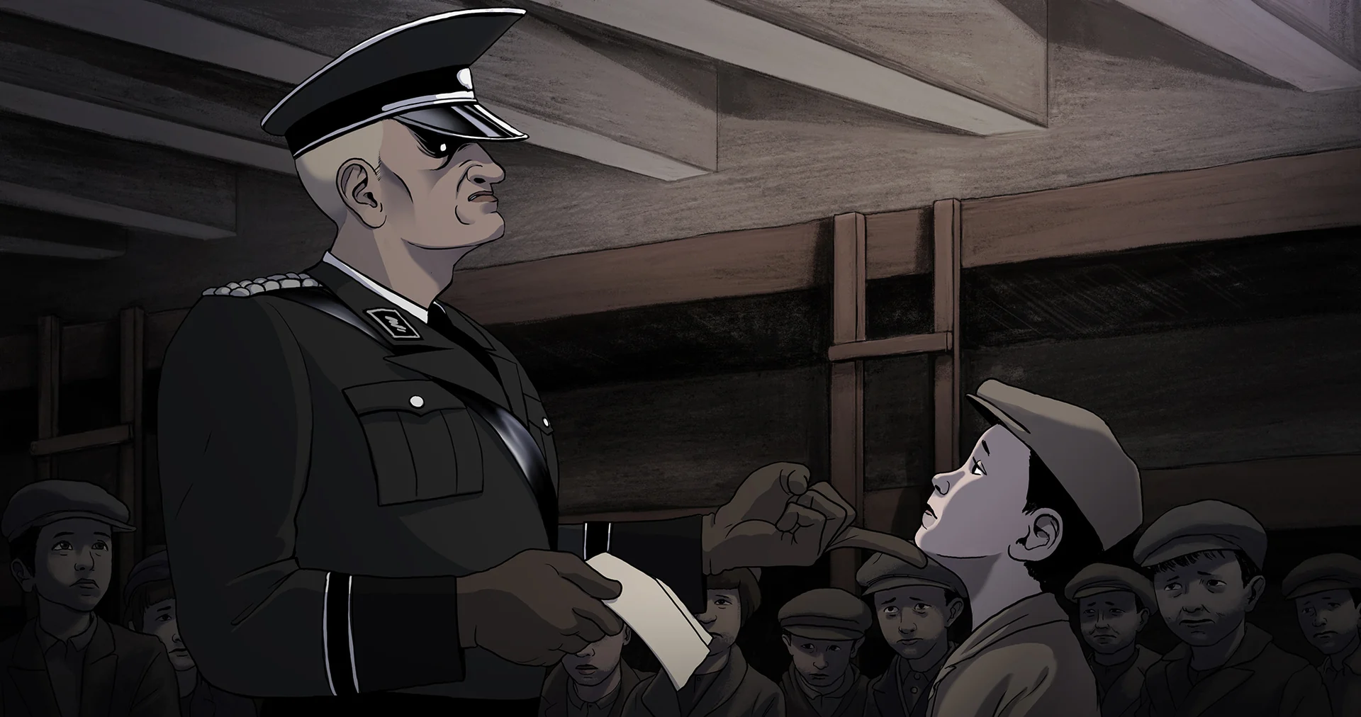 An SS officer confronting David in the barracks