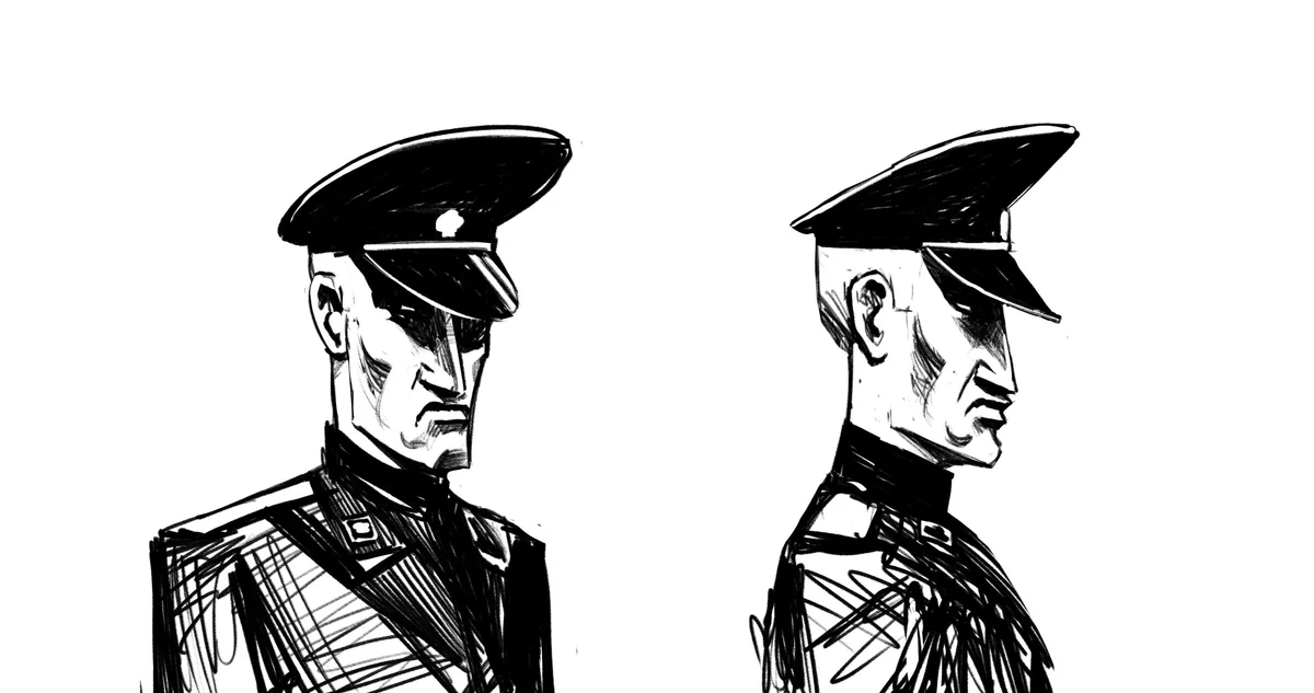Early pencil studies of Officer Jaeger
