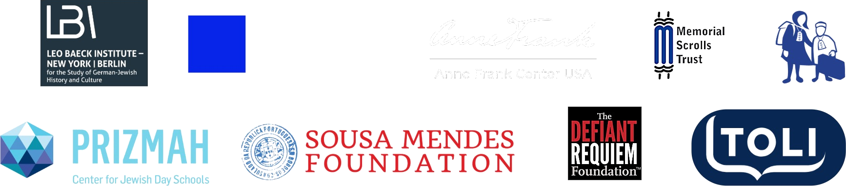 Partner logos: Leo Baeck Institute, Foundation to Combat Antisemitism, Anne Frank Center USA, Memorial Scrolls Trust, Kindertransport Association, Prizmah, Sousa Mendes Foundation, Defiant Requiem Foundation and TOLI
