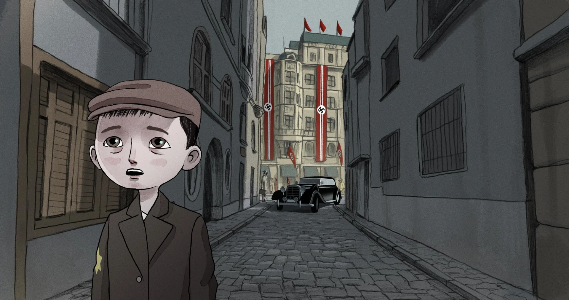 David in a Prague street beneath Nazi banners